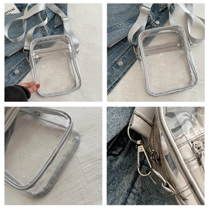Detailed view of transparent PVC crossbody bag with silver fabric trim and metal zippers