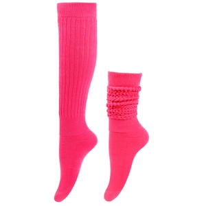 Detail of neon pink ribbed slouch socks showing extended length and folded layered effect