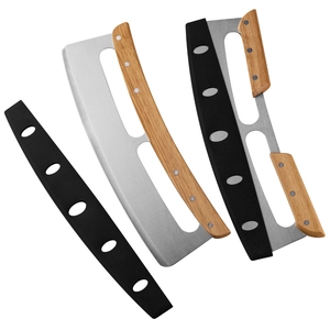 Stainless steel pizza cutter rocker with wood handle and protective blade cover