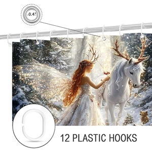 Detail of fairy unicorn shower curtain with rustproof metal grommets and plastic hooks