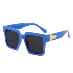 Fashionable oversized square sunglasses with blue frames and gold metal hinge accents