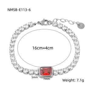 Detail of square red crystal stainless steel tennis bracelet with sparkling zircons