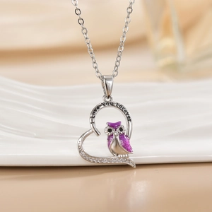 Silver heart necklace with purple enamel owl pendant and I LOVE YOU FOREVER engraving