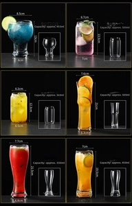 Size guide for large glass cups with detailed dimensions and capacity specifications