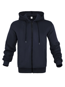 Detail of navy blue hoodie showing high-quality honeycomb fabric texture and zipper