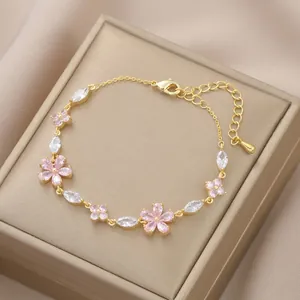 Flower Petal Zircon Bracelet Copper Real Gold Plated Adjustable Chain Elegant Sweet Jewelry For Women