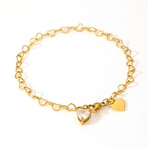 Minimalist gold stainless steel heart chain bracelet with cubic zirconia heart charm