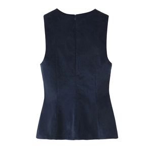Navy blue corduroy sleeveless top back view with vertical texture and hidden zipper