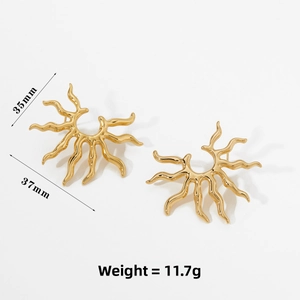 Detail of gold sunburst earrings showing dimensions 35mm by 37mm and 11.7g weight