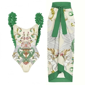 Women One Piece Swimsuit And Sarong With 3D Floral Appliques Backless Baroque Print Beachwear Vacation High Cut