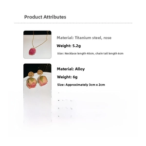 Detail specifications of handmade pink dried rose necklace and vintage gold earrings