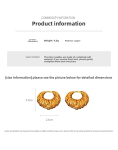 Detail view of 18k gold plated braided hoop earrings showing 2.5cm size and 9.8g weight