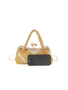 Luxury gold beaded evening clutch bag with rhinestone stripes and crystal ball clasp