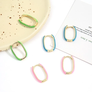 U-shaped oval enamel hoop earrings in gold finish with green blue and pink colors