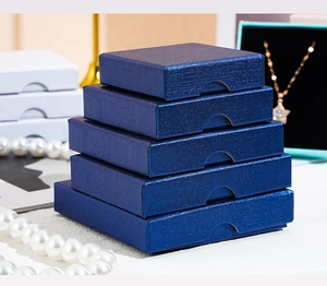 Stack of dark blue textured jewelry boxes for necklaces and bracelets in detail view