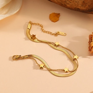 Double-layered 18K gold plated stainless steel star bracelet with flat snake and bead chains