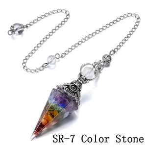 7 Chakra crystal resin cone pendulum with antique silver cap and chain for meditation