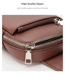 Detail of premium brown pebble leather crossbody bag with multiple silver metal zippers