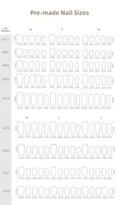 Detailed size chart for press-on nails showing width and length in mm for M S XS sizes