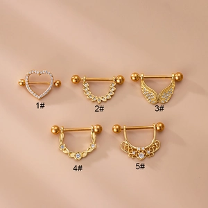 Gold stainless steel nipple ring set with micro-paved cubic zirconia in heart and wing shapes
