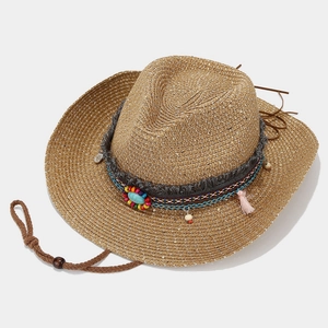 Bohemian sequin straw cowboy hat with ethnic beads, turquoise decor and wind rope