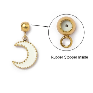 Detail of moon pendant with gold beads, white enamel, and built-in rubber stopper