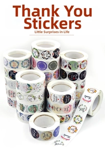 Detail of round floral Thank You adhesive sticker rolls for gift packaging and sealing