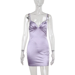 Detail of purple satin V-neck dress showing smooth fabric texture and thin straps