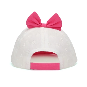 Baby girl white lace hat with large pink bow and adjustable back strap for sun protection
