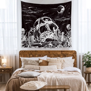 Bohemian black and white skull tapestry featuring a moon and starry sky for room wall decor