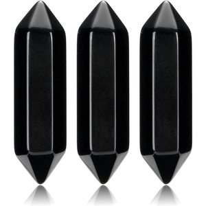 Three polished black obsidian hexagonal double point crystal columns on white background