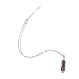 Silver chain necklace with purple amethyst crystal pendant wrapped in snake spiral wire