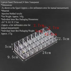 Detailed specs of 24-compartment clear acrylic lipstick organizer with measurements