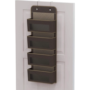 4-tier hanging organizer in brown non-woven fabric with clear windows for storage