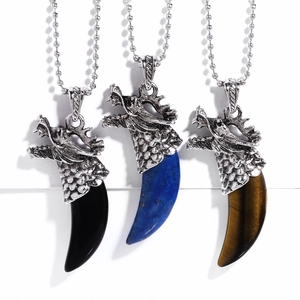 Collana Pendente Dente Testa Di Drago Retrò Rame Antico Pietra Naturale Gioielli Punk Gotico Per Uomini Donne