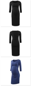 Detail view of maternity bodycon dress showing side ruching for belly in various colors