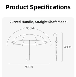 Detailed size chart showing 105cm arc length and 90cm diameter for cat pattern umbrella