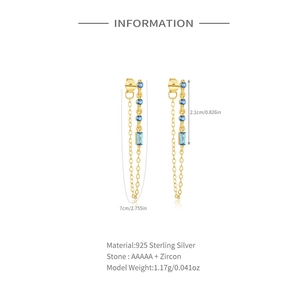 Detailed size chart for gold S925 sterling silver tassel earrings with blue zircon