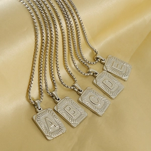 Square Initial Alphabet Pendant Necklace Stainless Steel Radial Texture Minimalist Punk Hip Hop Jewelry Men Women