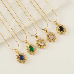 Vintage Sunflower Pendant Necklace 18K Gold Plated Stainless Steel Oval Zircon Halo Jewelry For Women Fashion Accessory