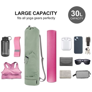 30L sage green yoga mat bag detail with large capacity for gear and a water bottle pocket