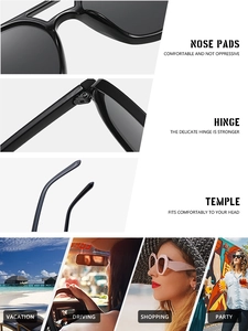 Detail view of smooth nose pads, sturdy hinges and sleek temples of black sunglasses
