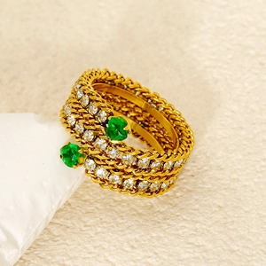 18K gold plated stainless steel multi-layer ring with green and white zircon stones