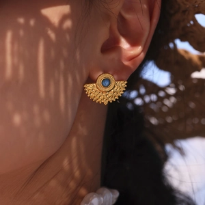 Boho style gold fan-shaped stud earrings with blue turquoise stone inlay