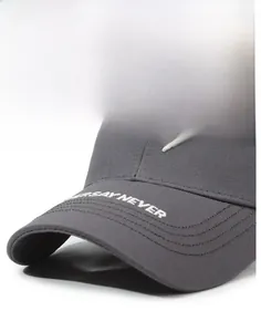 Detailed close-up of dark gray baseball cap with high-quality NEVER embroidery