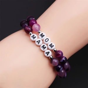 Purple striped agate beaded bracelet set with MAMA and MOM white letter charms