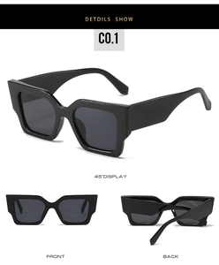 Three-way view of square oversized sunglasses with thick frames and dark lenses