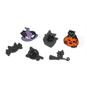 Halloween enamel pin set featuring cartoon cat and pumpkin with metal butterfly clutches