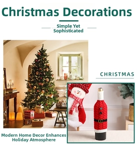 Detail of red Christmas wine bottle cover with knit Santa outfit design and black belt