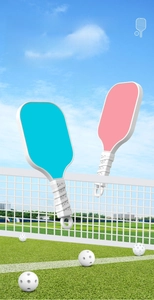 Blue and pink pickleball paddle keychains shown on a realistic sports court
